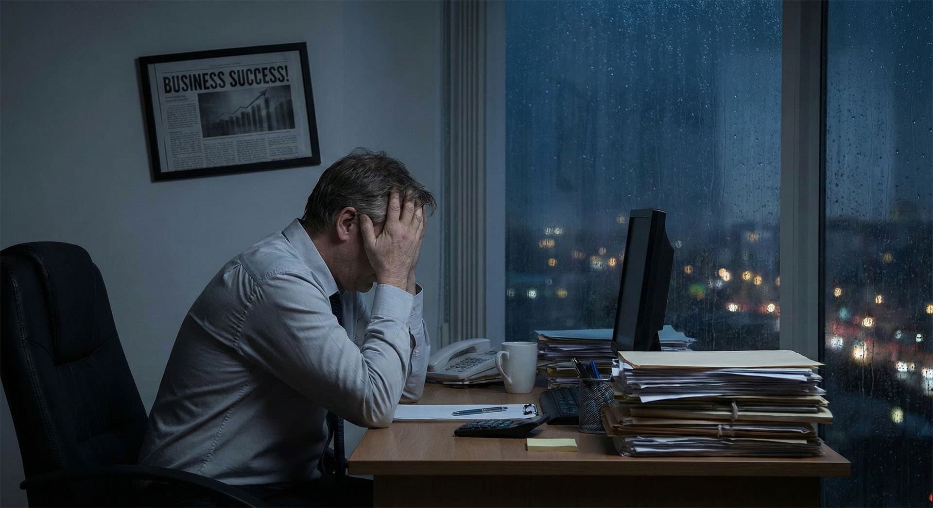 Stressed individual in a dim office.