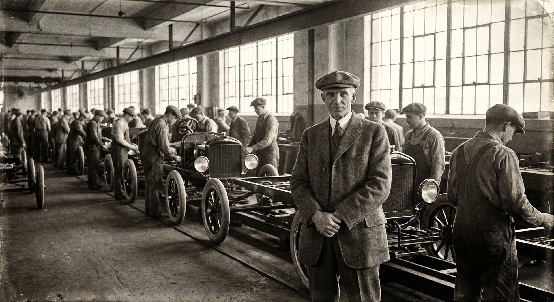 Workers assembling cars in factory setting.
