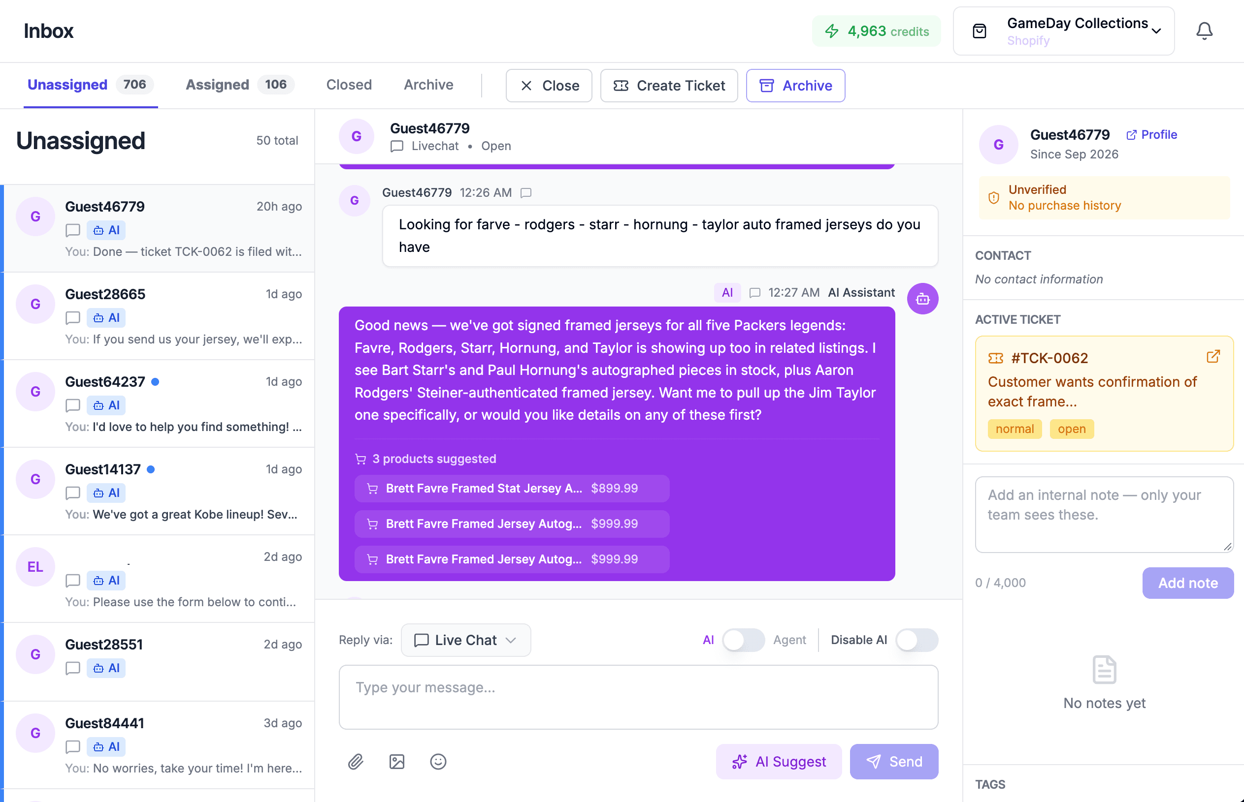 The TrolleyChat inbox. A customer asks about signed framed jerseys and the AI replies naming five specific players in stock, with three suggested products and prices, alongside an open ticket in the sidebar.