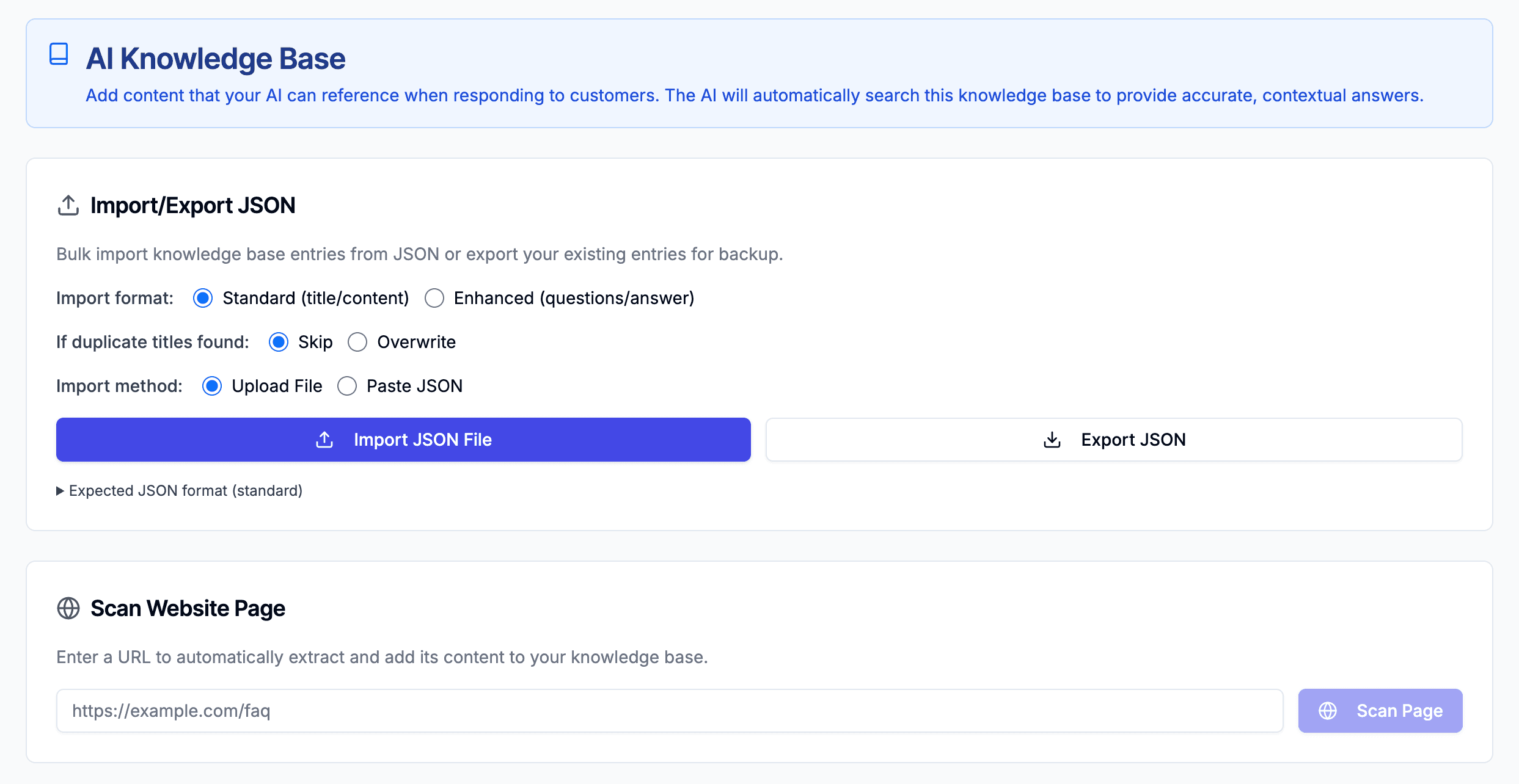 The AI knowledge base settings, offering bulk JSON import and a scan-a-website-page tool for adding content.