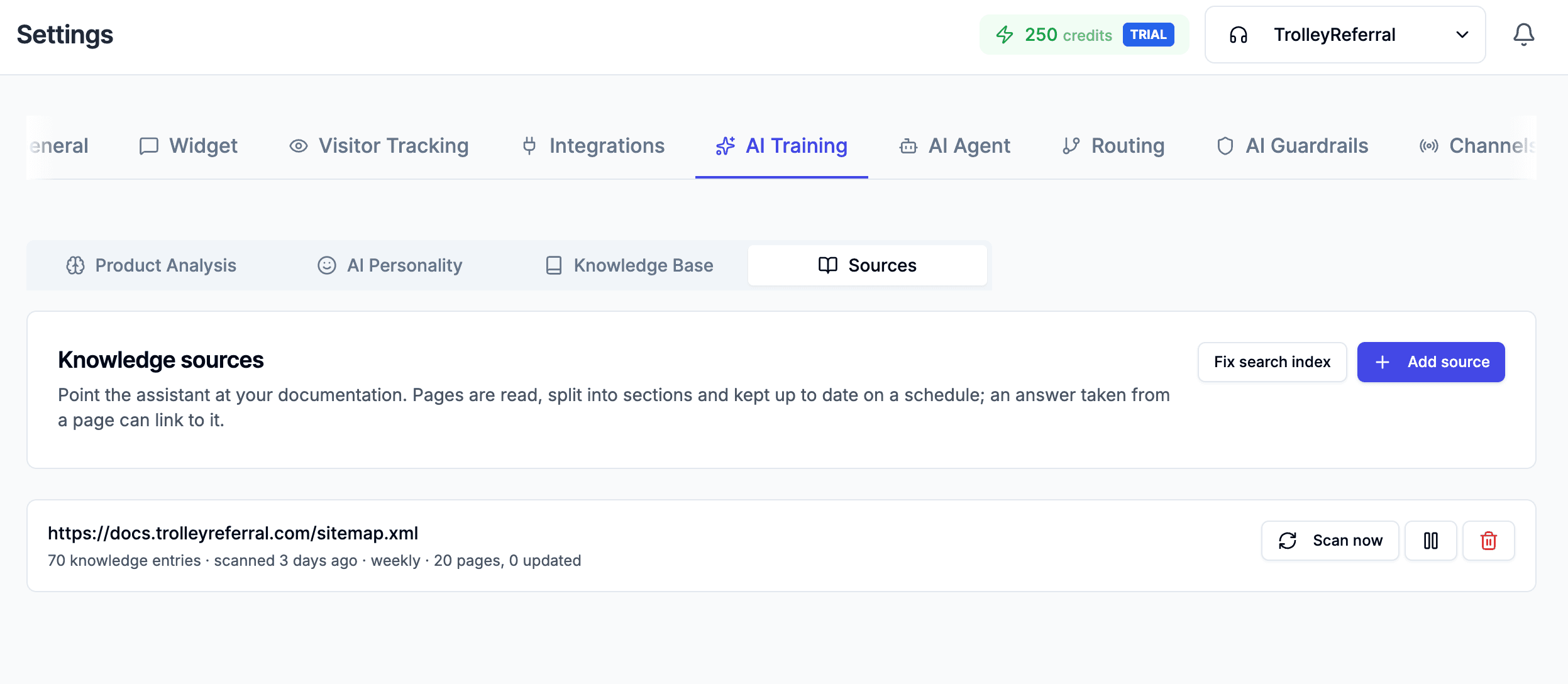 The AI training settings, showing tabs for product analysis, AI personality, knowledge base and sources, with a documentation sitemap holding 70 knowledge entries rescanned weekly.