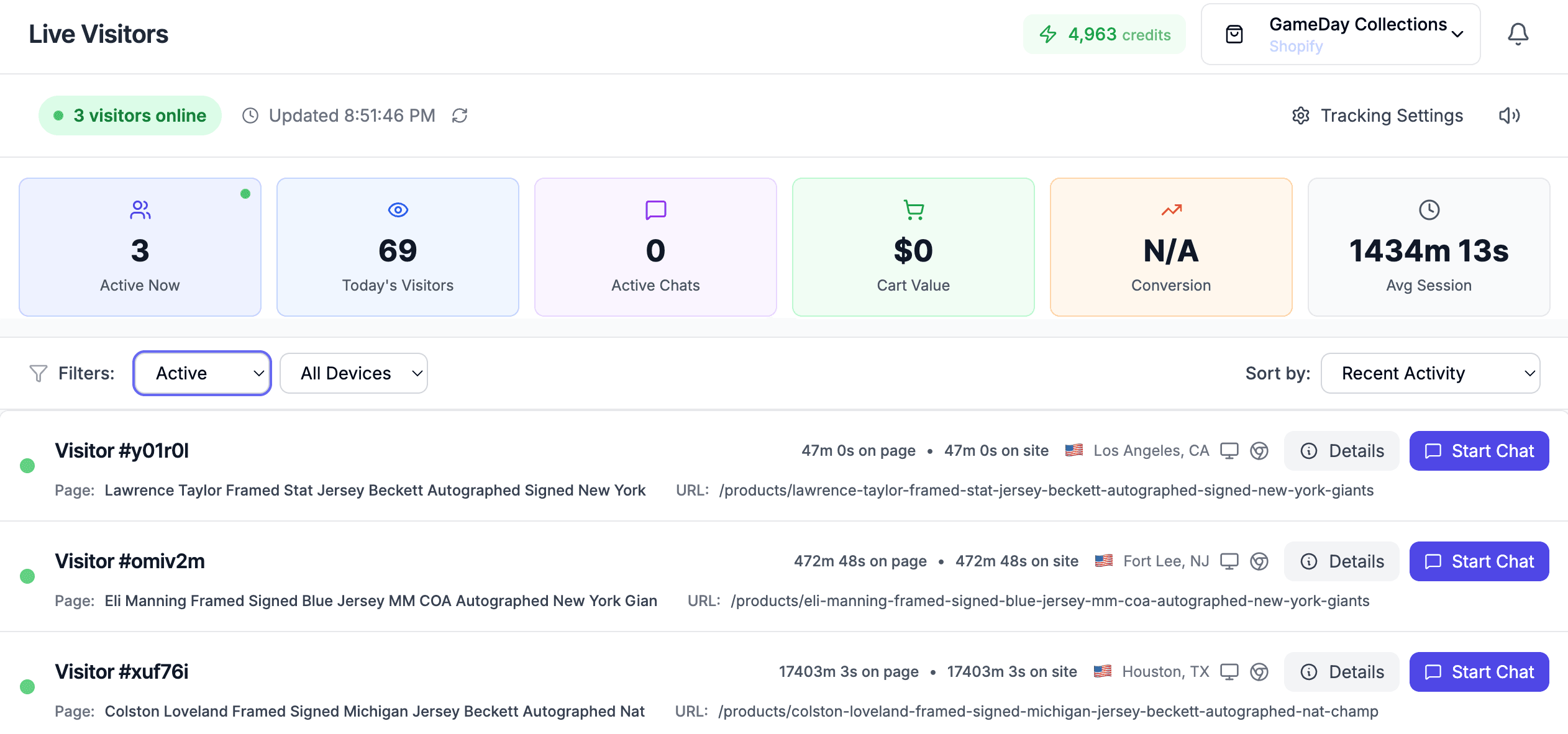 The live visitors view, showing active sessions with the page each is on, time on page, location and a Start Chat button for each.