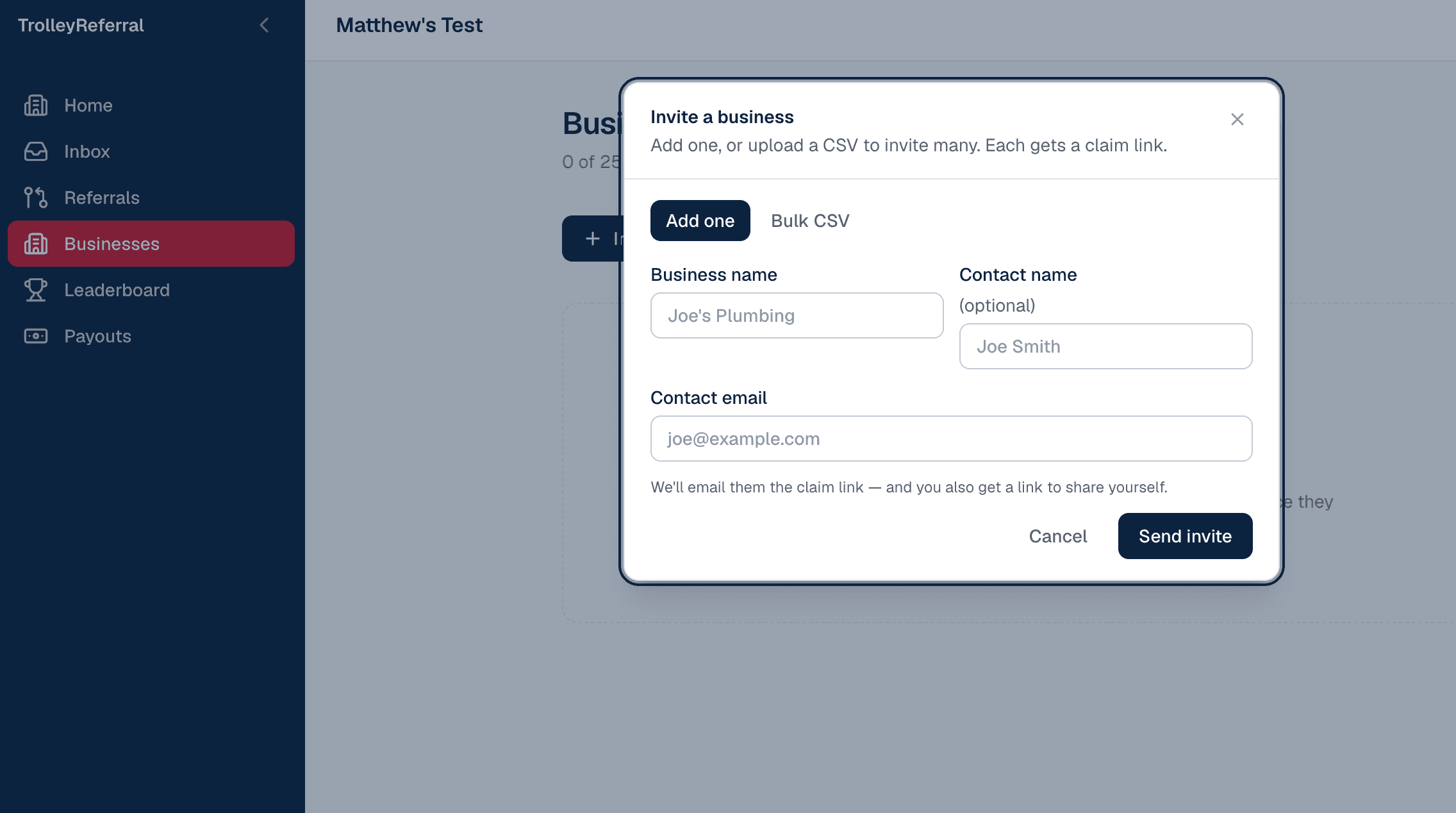 The invite a business dialog, with fields for business name, contact name and email, plus a bulk CSV option, explaining that each business gets a claim link.
