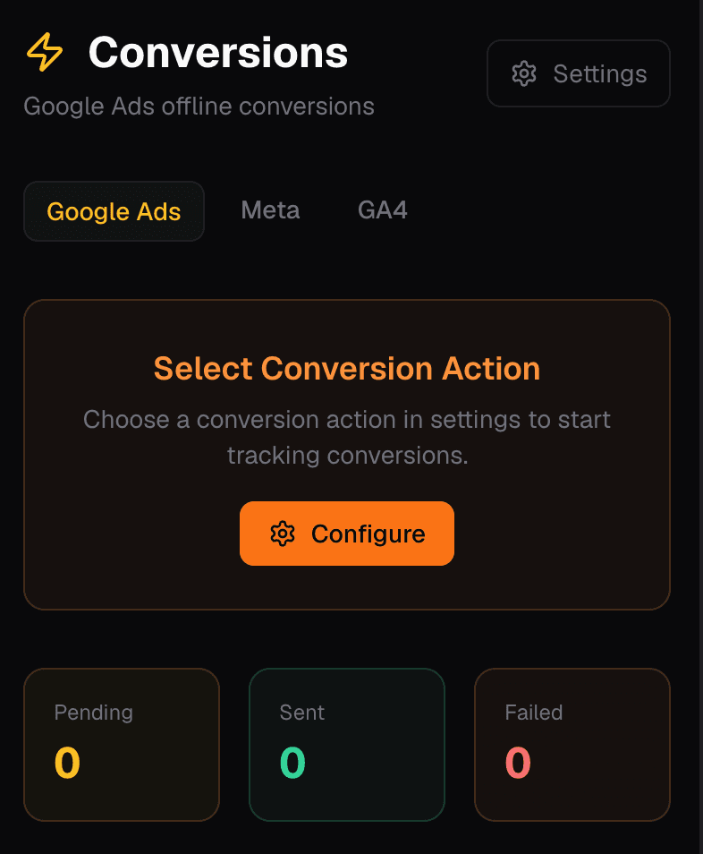 The TrolleyShield conversions panel, with tabs for Google Ads, Meta and GA4, and counters for pending, sent and failed conversions.